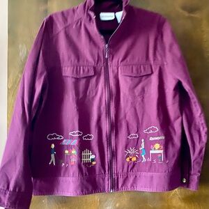 Breckenridge Purple Zip-Up Jacket with Garden Scene Embroidery Casual Lifestyle‎